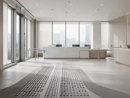 Ein minimalistischer Bankinnenraum mit taktilen Bodenleitsystemen, die zu einem barrierefreien Schalterbereich führen. - Foto: über boerse-global.de