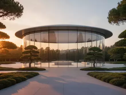 Die gläserne Architektur des Steve Jobs Theaters in der Abenddämmerung umgeben von einer minimalistischen Landschaft. - Foto: über boerse-global.de
