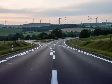 Eine leere, modern asphaltierte Landstraße mit weißer Fahrbahnmarkierung in einer weitläufigen europäischen Hügellandschaft. - Foto: über boerse-global.de