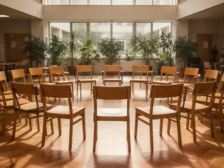 Ein heller, freundlicher Veranstaltungsraum mit einem Stuhlkreis aus Holzhockern in einem Gemeinschaftszentrum. - Foto: über boerse-global.de