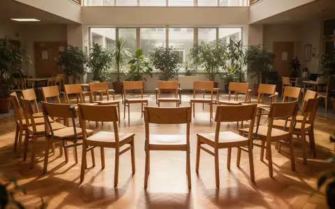 Ein heller, freundlicher Veranstaltungsraum mit einem Stuhlkreis aus Holzhockern in einem Gemeinschaftszentrum. - Foto: über boerse-global.de