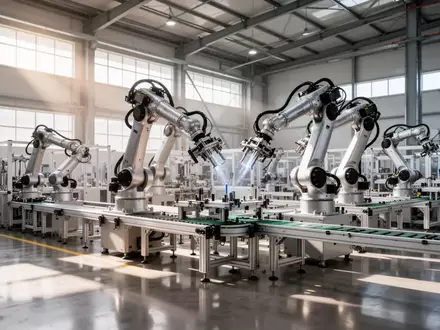 Moderne industrielle Fertigungshalle mit automatisierten Roboterarmen in einer hellen, weitläufigen Produktionsstätte. - Foto: über boerse-global.de