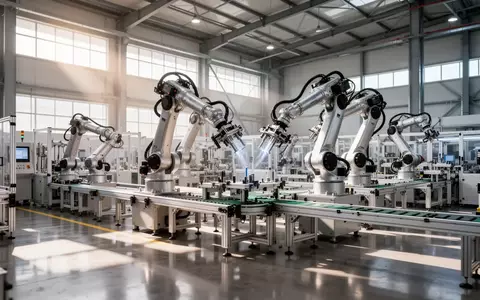 Moderne industrielle Fertigungshalle mit automatisierten Roboterarmen in einer hellen, weitläufigen Produktionsstätte. - Foto: über boerse-global.de