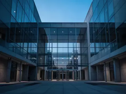 Moderne, geometrische Architektur eines Behördengebäudes in der Dämmerung, die Sicherheit und Komplexität symbolisiert. - Foto: über boerse-global.de