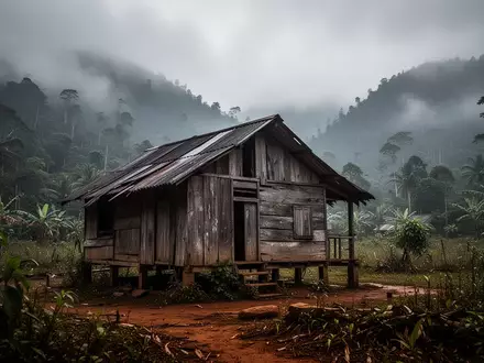 Eine abgelegene, verwitterte Holzhütte in einer nebligen Berglandschaft in Laos. - Foto: über boerse-global.de