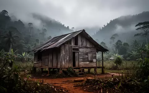 Eine abgelegene, verwitterte Holzhütte in einer nebligen Berglandschaft in Laos. - Foto: über boerse-global.de