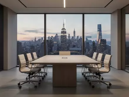 Moderner, minimalistischer Konferenztisch in einem Bürogebäude mit Blick auf eine nächtliche Skyline - Foto: über boerse-global.de