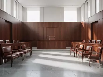 Ein minimalistischer, leerer Gerichtssaal mit dunklen Holzpaneelen und natürlichem Lichteinfall. - Foto: über boerse-global.de