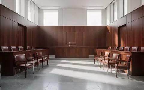 Ein minimalistischer, leerer Gerichtssaal mit dunklen Holzpaneelen und natürlichem Lichteinfall. - Foto: über boerse-global.de
