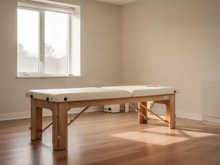 Ein heller, minimalistischer Behandlungsraum in einer physiotherapeutischen Praxis mit einer leeren Holzliege. - Foto: über boerse-global.de