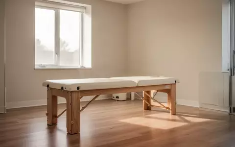 Ein heller, minimalistischer Behandlungsraum in einer physiotherapeutischen Praxis mit einer leeren Holzliege. - Foto: über boerse-global.de
