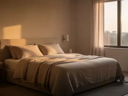 Ein minimalistisches Schlafzimmer mit natürlichem Morgenlicht, das sanft durch das Fenster auf ein unberührtes Bett fällt. - Foto: über boerse-global.de