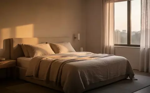 Ein minimalistisches Schlafzimmer mit natürlichem Morgenlicht, das sanft durch das Fenster auf ein unberührtes Bett fällt. - Foto: über boerse-global.de