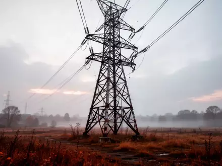 Ein massiver Hochspannungsmast auf einem nebligen Feld in der Dämmerung. - Foto: über boerse-global.de