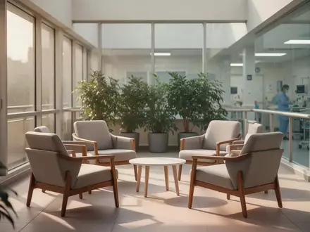 Ein lichtdurchfluteter, ruhiger Terrassenbereich in einem modernen Krankenhaus mit Sitzgelegenheiten und Pflanzen. - Foto: über boerse-global.de