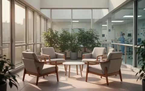 Ein lichtdurchfluteter, ruhiger Terrassenbereich in einem modernen Krankenhaus mit Sitzgelegenheiten und Pflanzen. - Foto: über boerse-global.de
