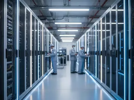 Moderne Serverräume in einem Rechenzentrum mit blauer Beleuchtung und Technikern im Hintergrund. - Foto: über boerse-global.de