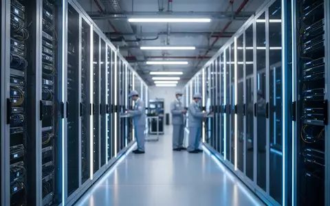 Moderne Serverräume in einem Rechenzentrum mit blauer Beleuchtung und Technikern im Hintergrund. - Foto: über boerse-global.de