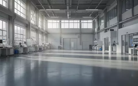 Ein minimalistischer, leerer Industrieraum mit poliertem Betonboden und natürlichem Lichteinfall durch hohe Fenster. - Foto: über boerse-global.de