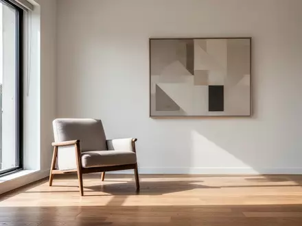 Ein minimalistisch eingerichteter, sonnendurchfluteter Wohnbereich mit einem Sessel vor einem Fenster. - Foto: über boerse-global.de