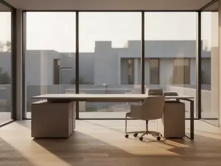 Ein helles, minimalistisches Büro mit großen Fenstern und neutralen Texturen in einer ruhigen Arbeitsumgebung. - Foto: über boerse-global.de