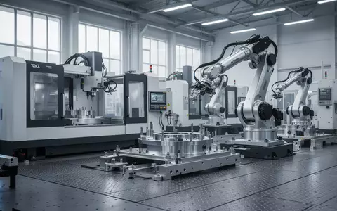 Eine moderne, hochmoderne Industriefertigungshalle mit automatisierten Produktionsanlagen und metallischen Bauteilen. - Foto: über boerse-global.de