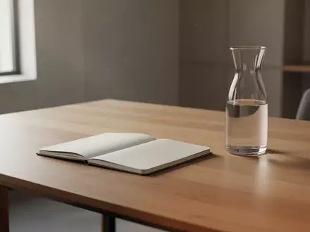 Ein minimalistischer, aufgeräumter Arbeitsplatz mit einem offenen Notizbuch und einer Wasserkaraffe bei natürlichem Licht. - Foto: über boerse-global.de