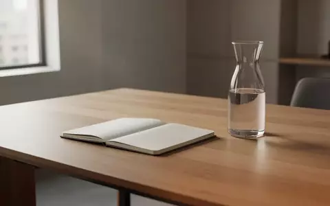 Ein minimalistischer, aufgeräumter Arbeitsplatz mit einem offenen Notizbuch und einer Wasserkaraffe bei natürlichem Licht. - Foto: über boerse-global.de