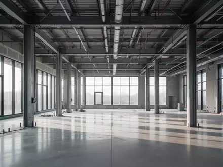 Moderne, minimalistische Innenansicht einer Baustelle mit Stahlträgern und Betonboden bei natürlichem Lichteinfall. - Foto: über boerse-global.de
