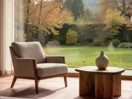 Ein ruhiges, sonnendurchflutetes Wohnzimmer mit einem Sessel und Blick in einen herbstlichen Garten, das eine friedliche Atmosphäre vermittelt. - Foto: über boerse-global.de