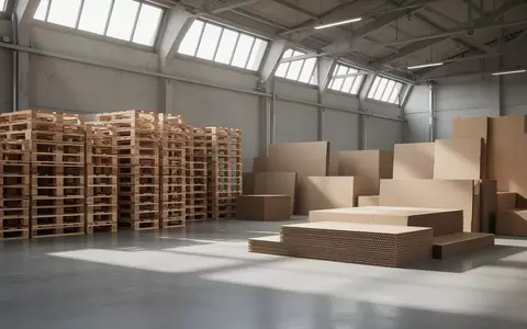 Ordentlich gestapelte Holzpaletten und Kartonagen in einem modernen Industrielager bei natürlichem Tageslicht. - Foto: über boerse-global.de