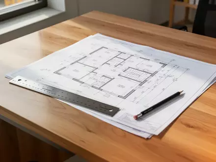 Ein aufgeräumter Architekturschreibtisch mit Bauplänen und einem Maßstab aus Metall in natürlichem Tageslicht. - Foto: über boerse-global.de