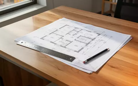 Ein aufgeräumter Architekturschreibtisch mit Bauplänen und einem Maßstab aus Metall in natürlichem Tageslicht. - Foto: über boerse-global.de
