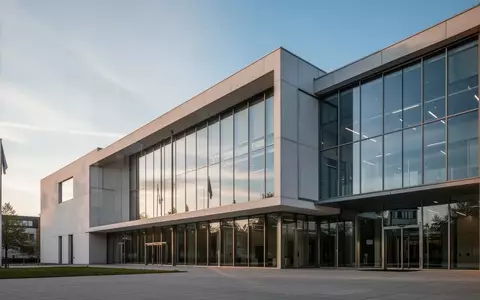Ein modernes Verwaltungsgebäude in Nordrhein-Westfalen bei klarem Tageslicht, architektonische Außenaufnahme. - Foto: über boerse-global.de