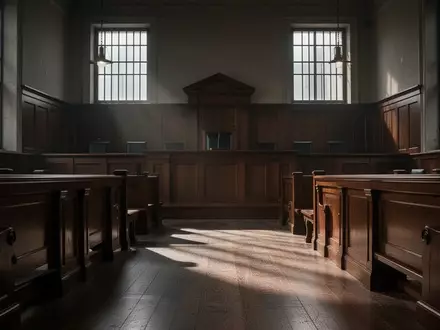 Ein leerer, schlichter Gerichtssaal mit dunklen Holzmöbeln und einfallendem Licht durch hohe Fenster. - Foto: über boerse-global.de