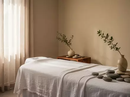 Ein minimalistischer, heller Behandlungsraum in einem Spa mit einer Massageliege und natürlichen Dekorationselementen. - Foto: über boerse-global.de