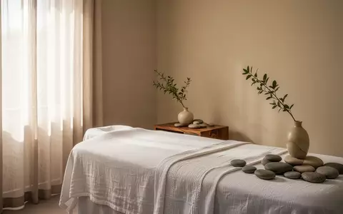 Ein minimalistischer, heller Behandlungsraum in einem Spa mit einer Massageliege und natürlichen Dekorationselementen. - Foto: über boerse-global.de