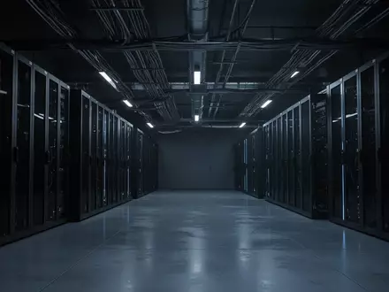 Dunkler, minimalistischer Serverraum mit unbeleuchteten Racks und kühler blauer Beleuchtung, der die digitale Infrastruktur symbolisiert. - Foto: über boerse-global.de