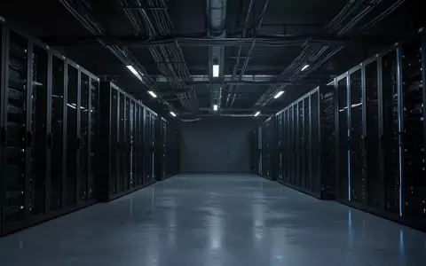 Dunkler, minimalistischer Serverraum mit unbeleuchteten Racks und kühler blauer Beleuchtung, der die digitale Infrastruktur symbolisiert. - Foto: über boerse-global.de