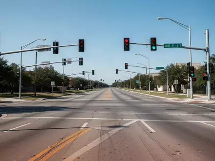 Eine leere Straßenkreuzung in Austin, Texas, mit Ampeln und Fahrbahnmarkierungen bei klarem Tageslicht. - Foto: über boerse-global.de