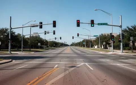 Eine leere Straßenkreuzung in Austin, Texas, mit Ampeln und Fahrbahnmarkierungen bei klarem Tageslicht. - Foto: über boerse-global.de
