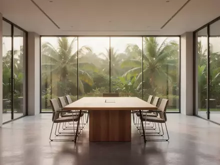 Ein minimalistischer, heller Konferenzraum mit Blick in eine grüne Landschaft als Symbol für nachhaltige Unternehmensführung. - Foto: über boerse-global.de