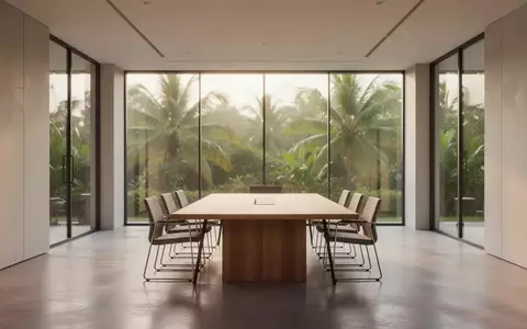 Ein minimalistischer, heller Konferenzraum mit Blick in eine grüne Landschaft als Symbol für nachhaltige Unternehmensführung. - Foto: über boerse-global.de