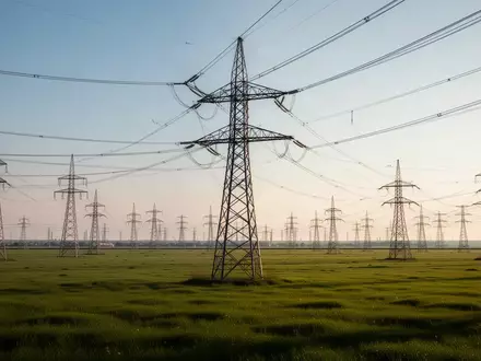 Hochspannungsleitungen und Strommasten in einer weitläufigen, grünen Industrielandschaft bei Tageslicht. - Foto: über boerse-global.de