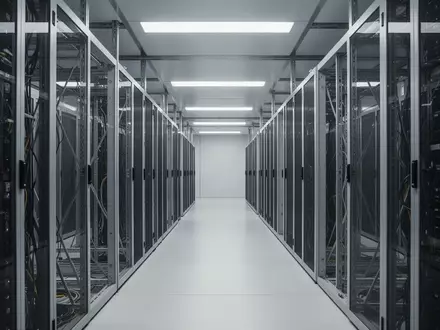 Ein minimalistischer, moderner Serverraum mit stählernen Strukturen und kühler Beleuchtung in einer Unternehmensumgebung. - Foto: über boerse-global.de