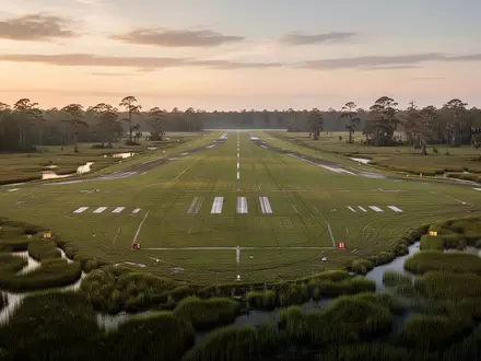 Weites, leeres Flugfeld in Louisiana während der Dämmerung, umgeben von Sumpflandschaft. - Foto: über boerse-global.de