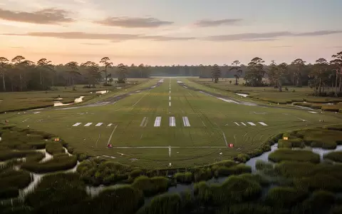 Weites, leeres Flugfeld in Louisiana während der Dämmerung, umgeben von Sumpflandschaft. - Foto: über boerse-global.de