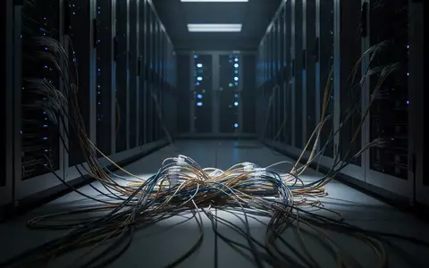 Dunkler Serverraum mit metallenen Regalen und einem Gewirr aus Glasfaserkabeln in einer technisch-kühlen Atmosphäre. - Foto: über boerse-global.de