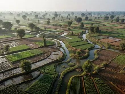 Eine weitläufige indische Agrarlandschaft aus der Vogelperspektive mit einem Mosaik aus Feldern und Bewässerungskanälen. - Foto: über boerse-global.de