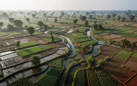 Eine weitläufige indische Agrarlandschaft aus der Vogelperspektive mit einem Mosaik aus Feldern und Bewässerungskanälen. - Foto: über boerse-global.de